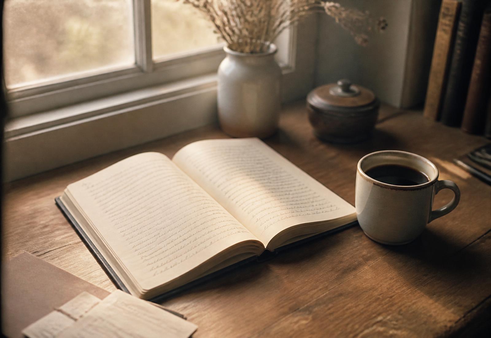 An open handwritten journal beside a cup of coffee in morning light