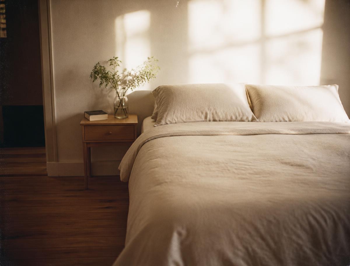 A made bed in soft morning light